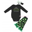 St Patrick's Day Black Baby Jumpsuit Rhinestone IRISH Princess Print & Black Headband Clover Silk Bow & Kelly Green Ruffles Clover Black Leg Warmer Set TH557